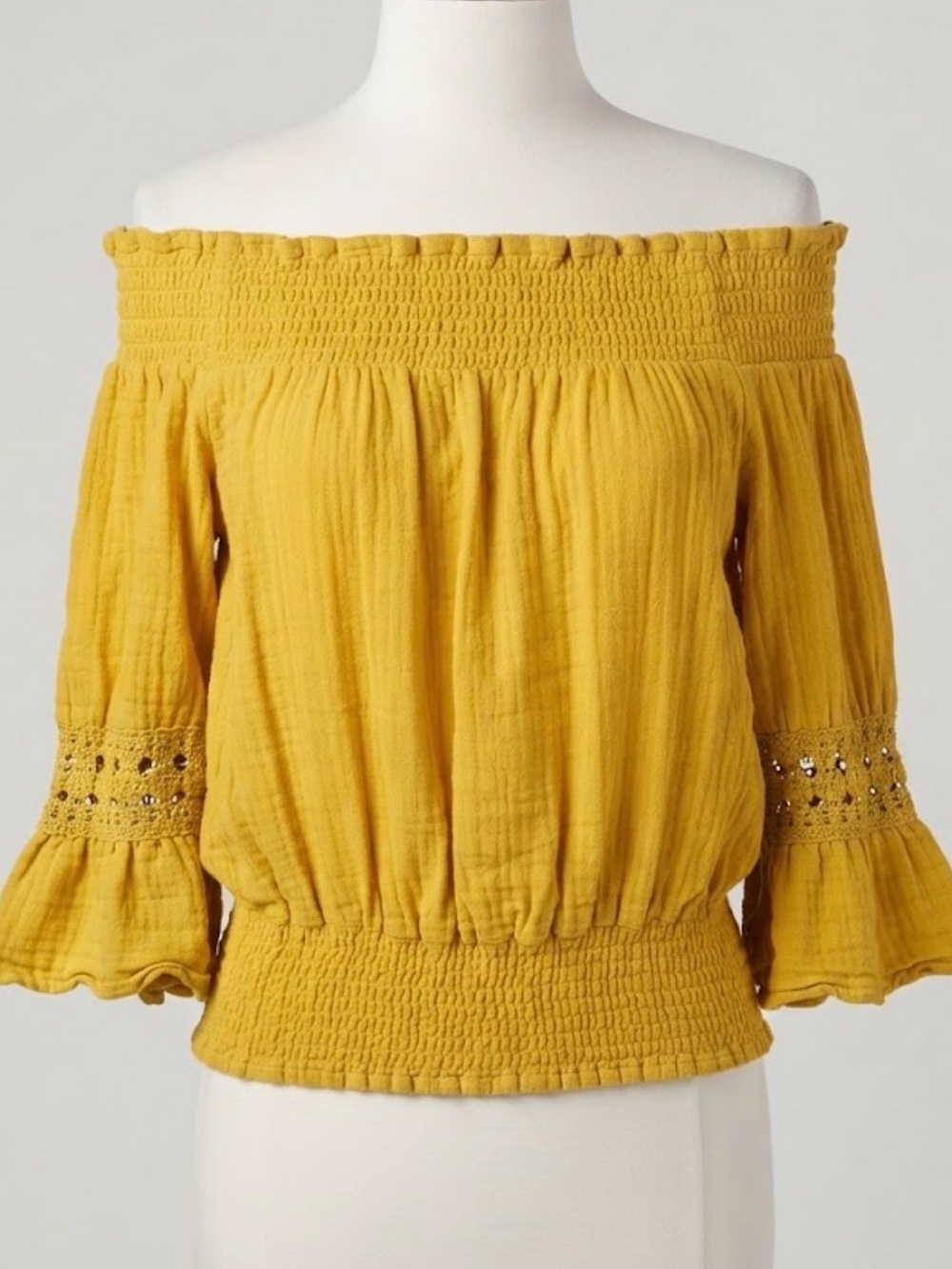 Taxi Off-Shoulder Smocked Waist Women’s Top in Mustard Yellow